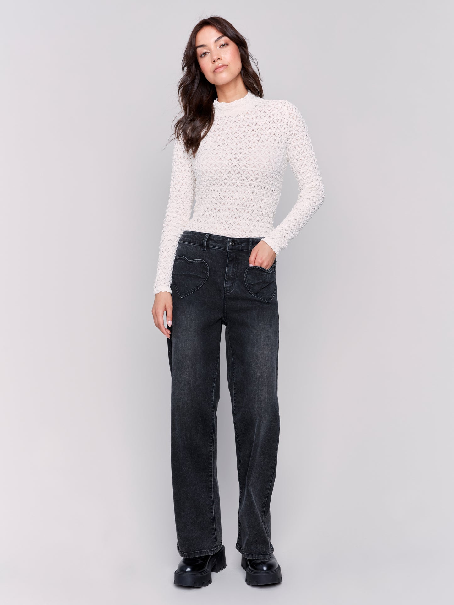 Charlie B Fall 2024-C5575-024-Flare Leg Pant W/Heart Shape Pocket-Charcoal - The Coach Pyramids
