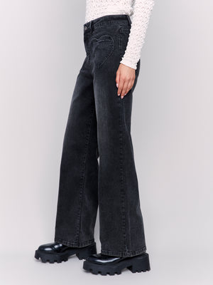 Charlie B Fall 2024-C5575-024-Flare Leg Pant W/Heart Shape Pocket-Charcoal