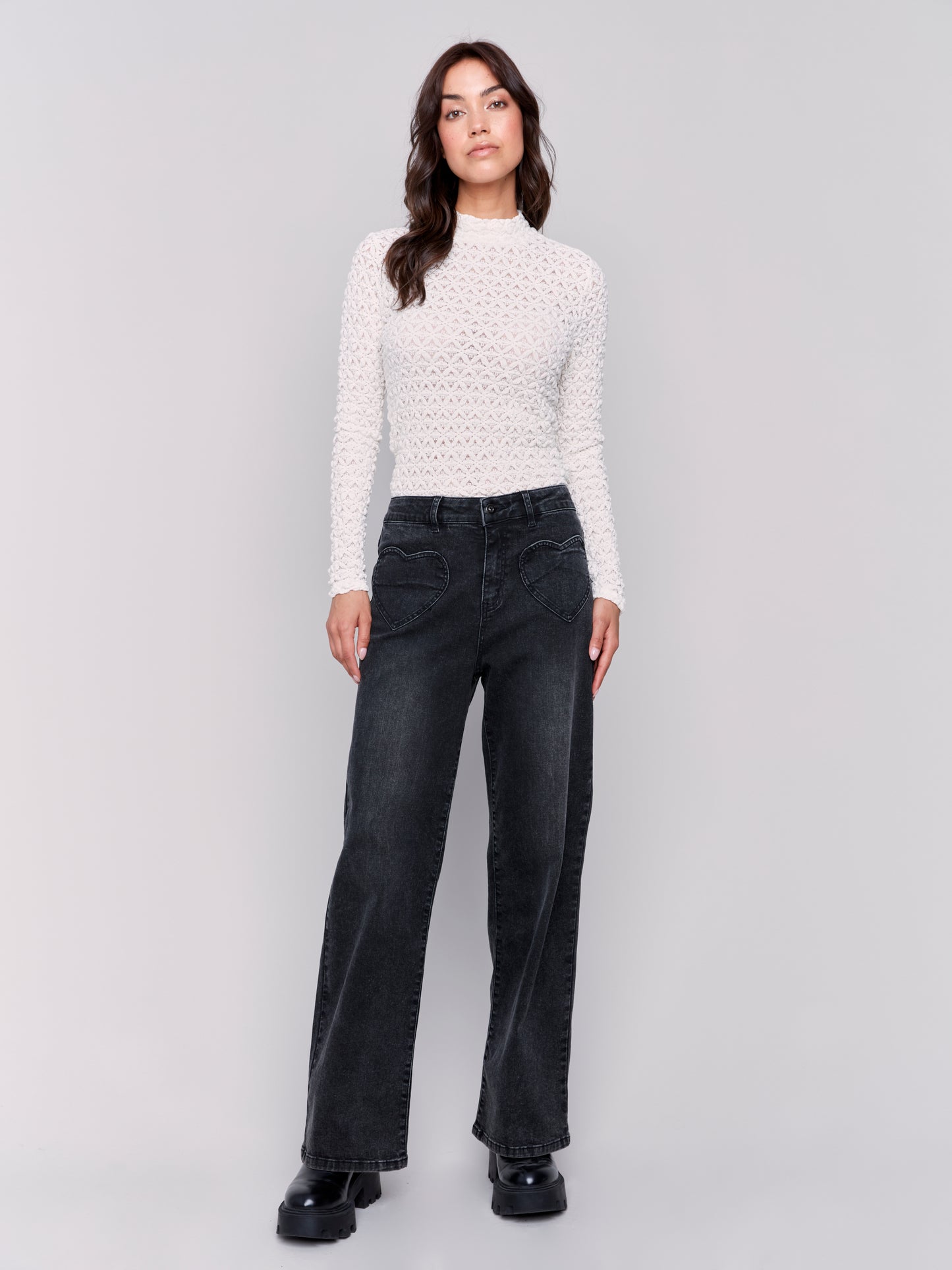 Charlie B Fall 2024-C5575-024-Flare Leg Pant W/Heart Shape Pocket-Charcoal - The Coach Pyramids