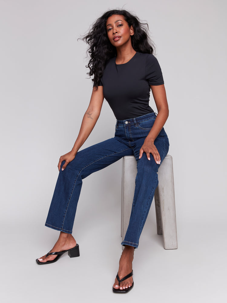 Charlie B Spring/Summer 2025-C5584J-007-Straight Leg Pant W/Inside Elastic At Waistband-Indigo