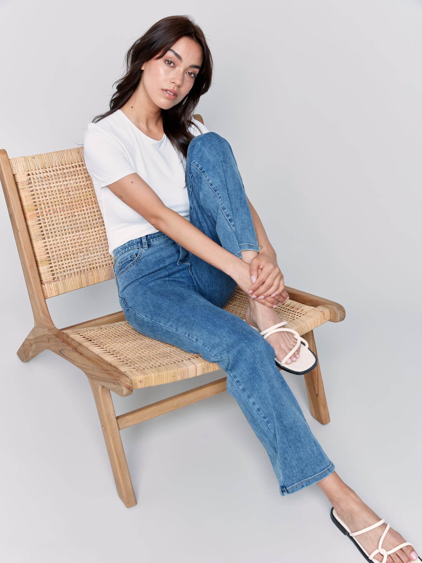 Charlie B Spring/Summer 2025-C5584J-156-Straight Leg Pant W/Inside Elastic At Waistband-Medium Blue - The Coach Pyramids
