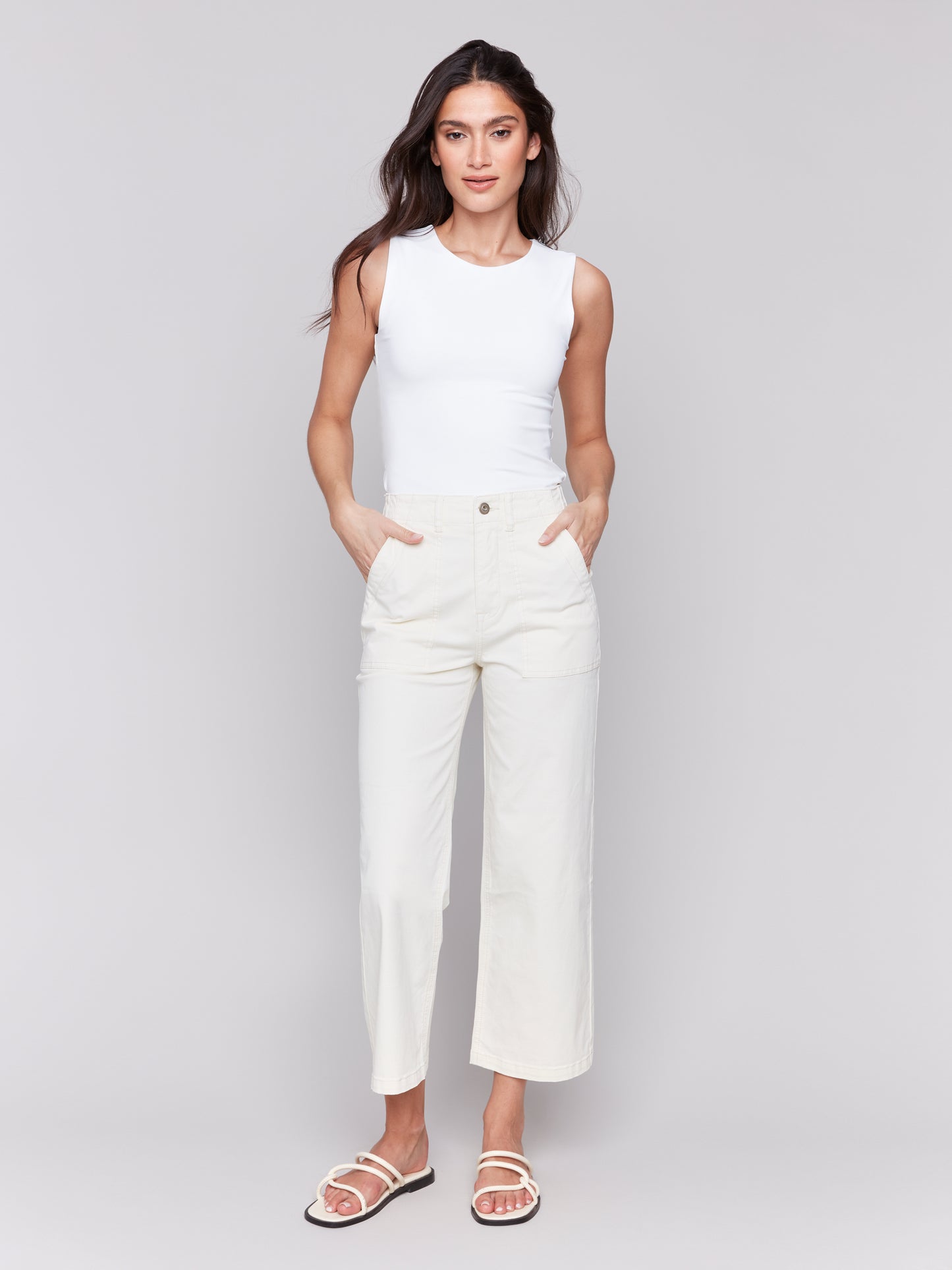 Charlie B Spring/Summer 2025-C5636-100-Pork Chop Pockets Pants-Natural - The Coach Pyramids