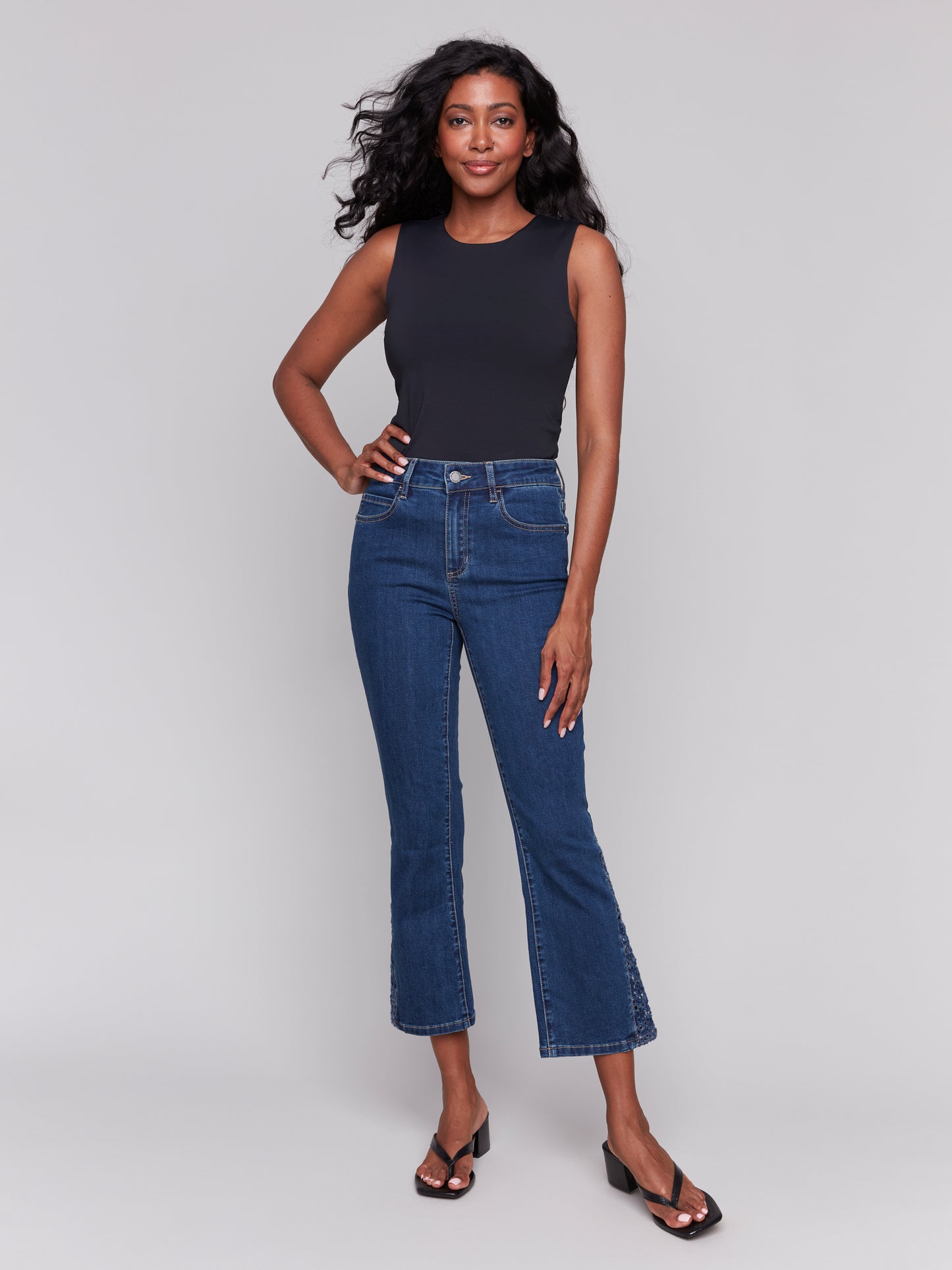Charlie B Spring/Summer 2025-C5643-007-Lace Cuts Side Slim Pant-Indigo - The Coach Pyramids