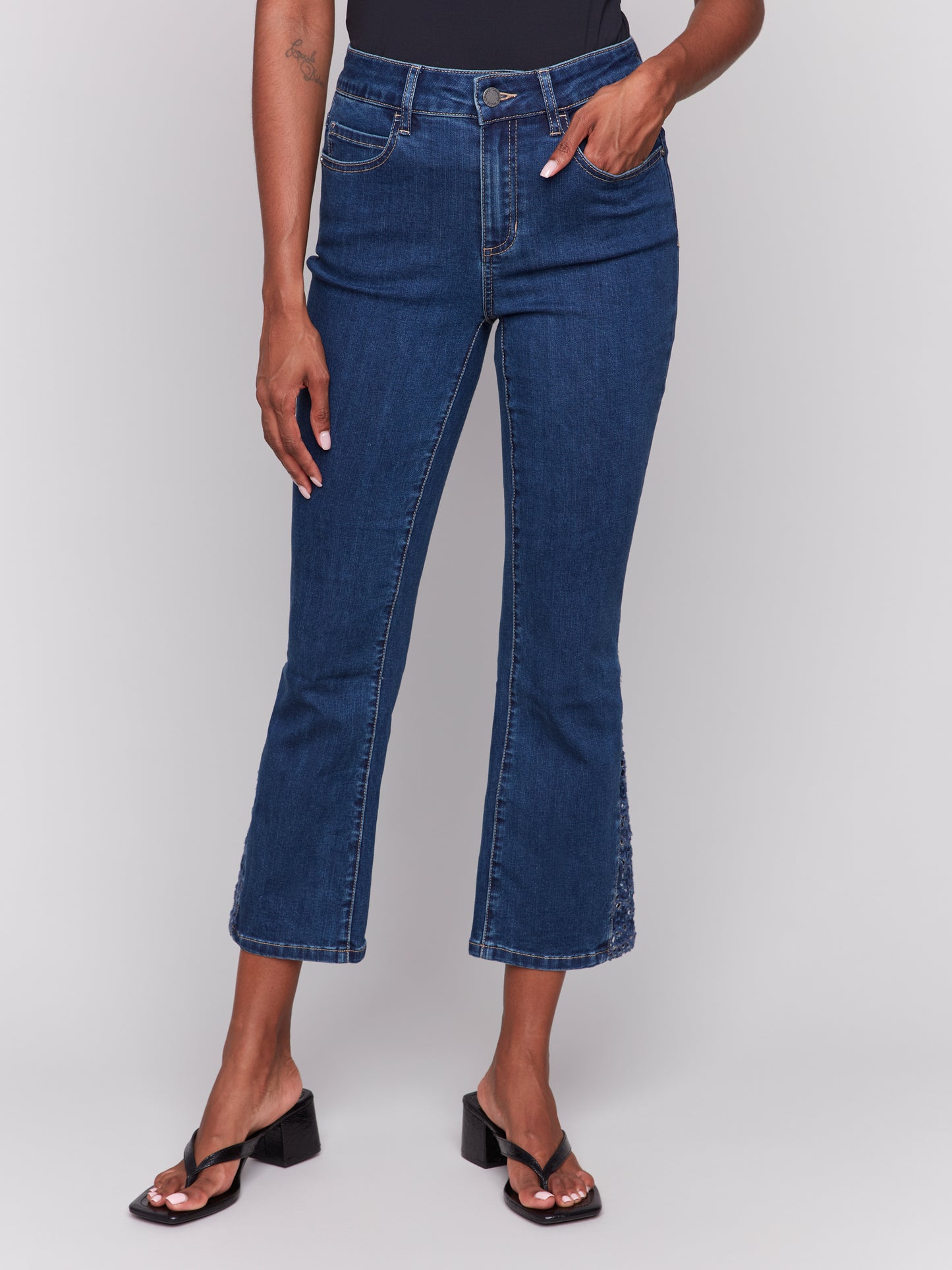 Charlie B Spring/Summer 2025-C5643-007-Lace Cuts Side Slim Pant-Indigo - The Coach Pyramids