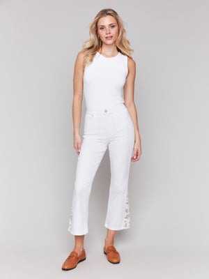 Charlie B Spring/Summer 2025-C5643-002-Lace Cuts Side Slim Pant-White