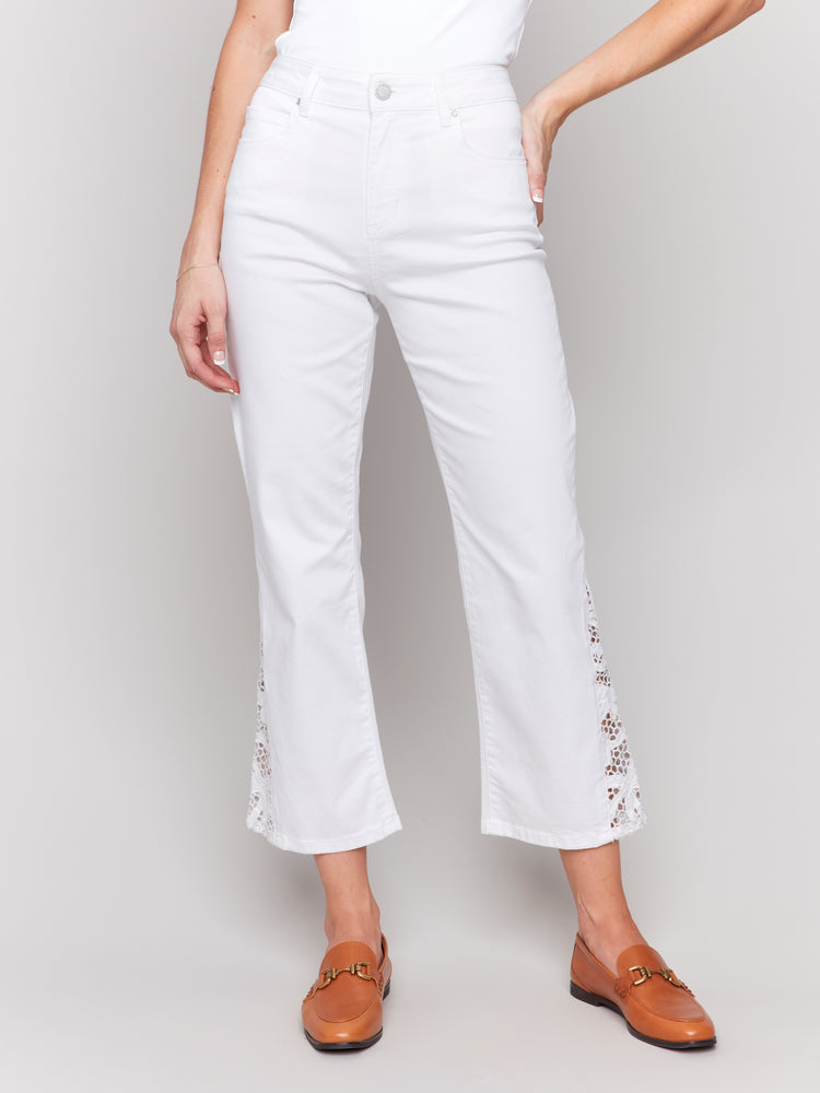 Charlie B Spring/Summer 2025-C5643-002-Lace Cuts Side Slim Pant-White