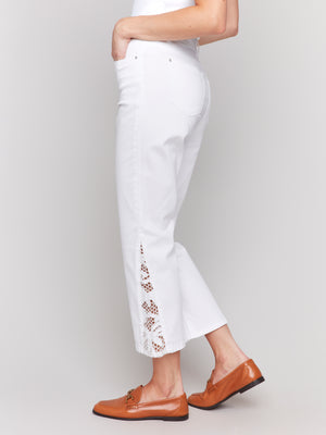 Charlie B Spring/Summer 2025-C5643-002-Lace Cuts Side Slim Pant-White