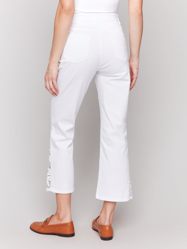 Charlie B Spring/Summer 2025-C5643-002-Lace Cuts Side Slim Pant-White