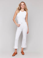 Charlie B Spring/Summer 2025-C5643-002-Lace Cuts Side Slim Pant-White