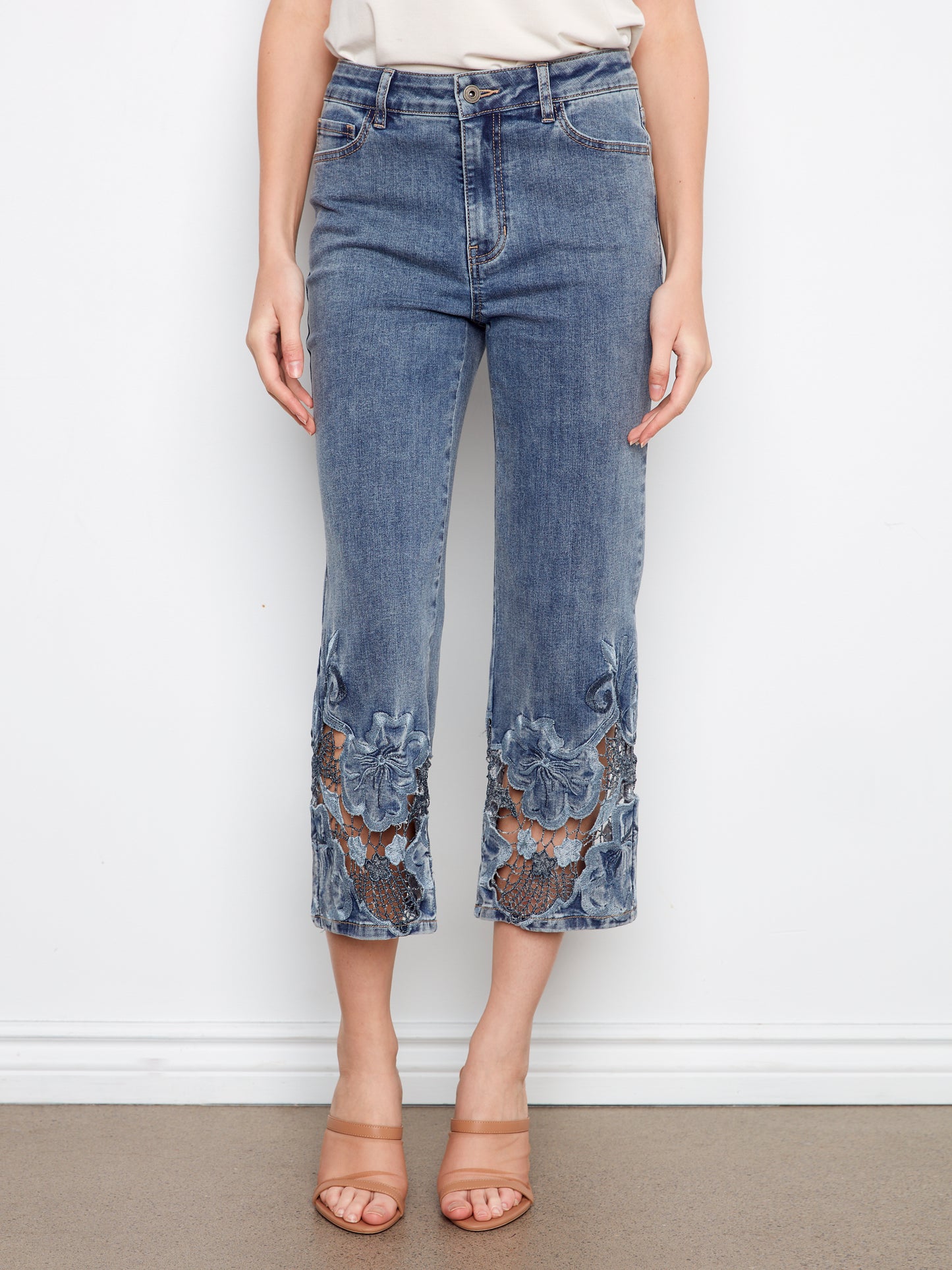 Charlie B-C5648R-156-Cropped Stretch Denim Flare Leg Pant W/Embroidery At Hem-Medium Blue - The Coach Pyramids
