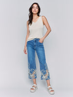 Charlie B Spring/Summer 2025-C5648-156-Flare Leg Pant W/Laser Cut Lace At Bottom-Medium Blue