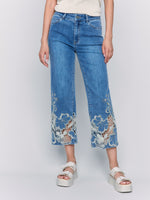 Charlie B Spring/Summer 2025-C5648-156-Flare Leg Pant W/Laser Cut Lace At Bottom-Medium Blue