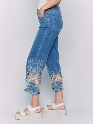 Charlie B Spring/Summer 2025-C5648-156-Flare Leg Pant W/Laser Cut Lace At Bottom-Medium Blue