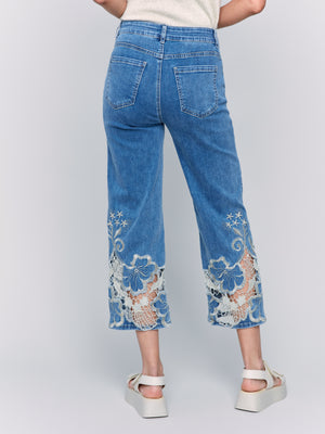 Charlie B Spring/Summer 2025-C5648-156-Flare Leg Pant W/Laser Cut Lace At Bottom-Medium Blue