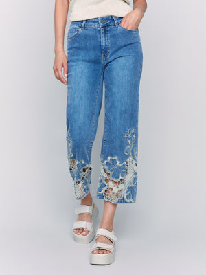 Charlie B Spring/Summer 2025-C5648-156-Flare Leg Pant W/Laser Cut Lace At Bottom-Medium Blue