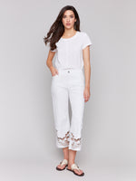 Charlie B Spring/Summer 2025-C5648-002-Flare Leg Pant W/Laser Cut Lace At Bottom-White