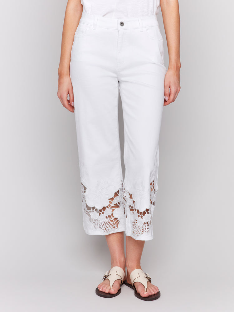 Charlie B Spring/Summer 2025-C5648-002-Flare Leg Pant W/Laser Cut Lace At Bottom-White