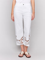 Charlie B Spring/Summer 2025-C5648-002-Flare Leg Pant W/Laser Cut Lace At Bottom-White