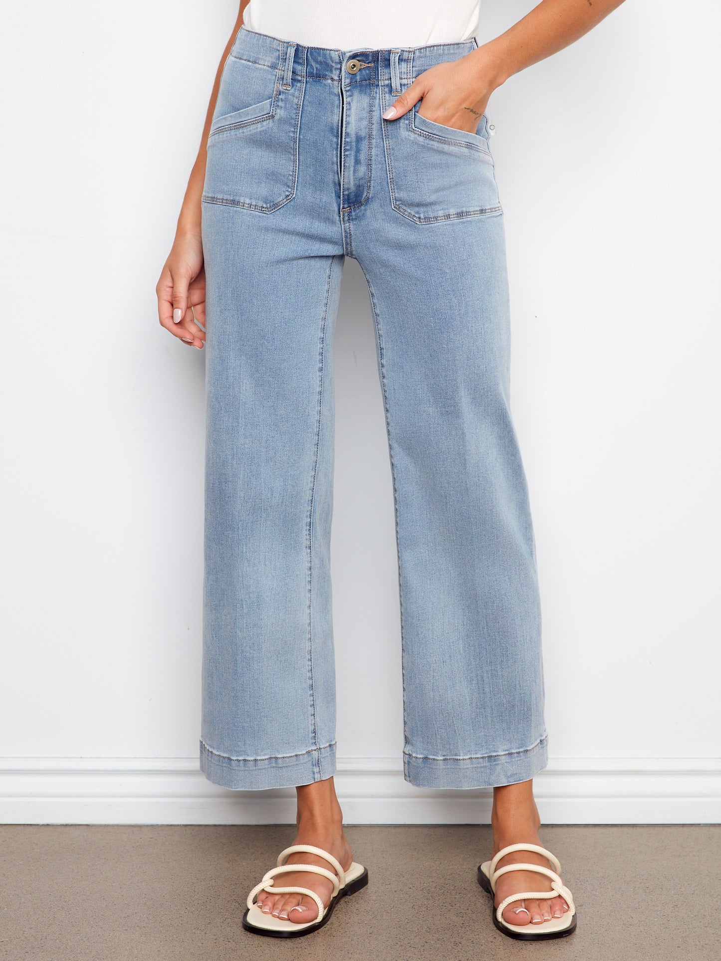 Charlie B-C5660R-140-Cropped Wide Leg Stretch Denim Pants W/Pockets-LT Blue - The Coach Pyramids