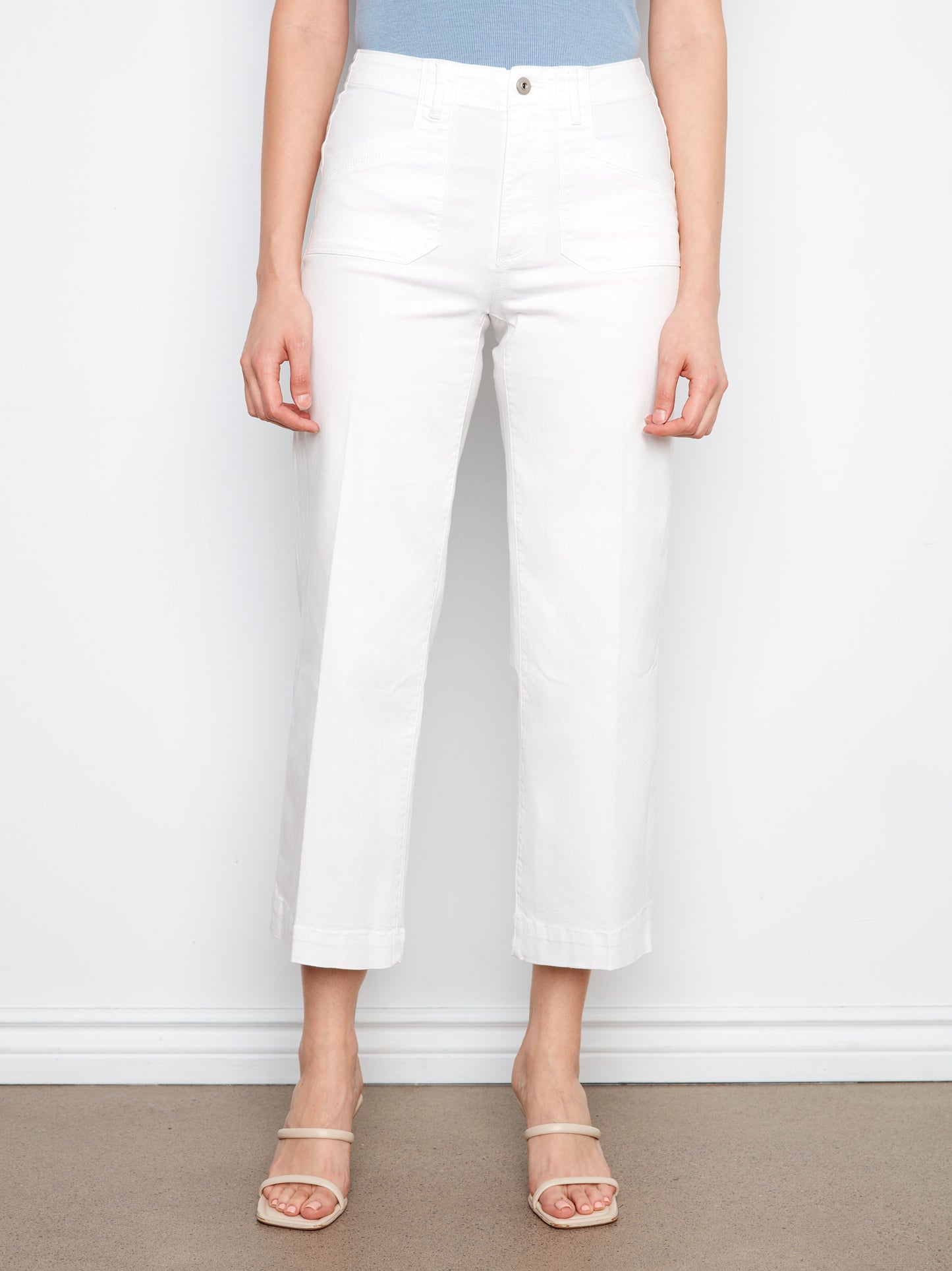 Charlie B-C5660R-002-Cropped Wide Leg Stretch Twill Pants W/Pockets-White - The Coach Pyramids