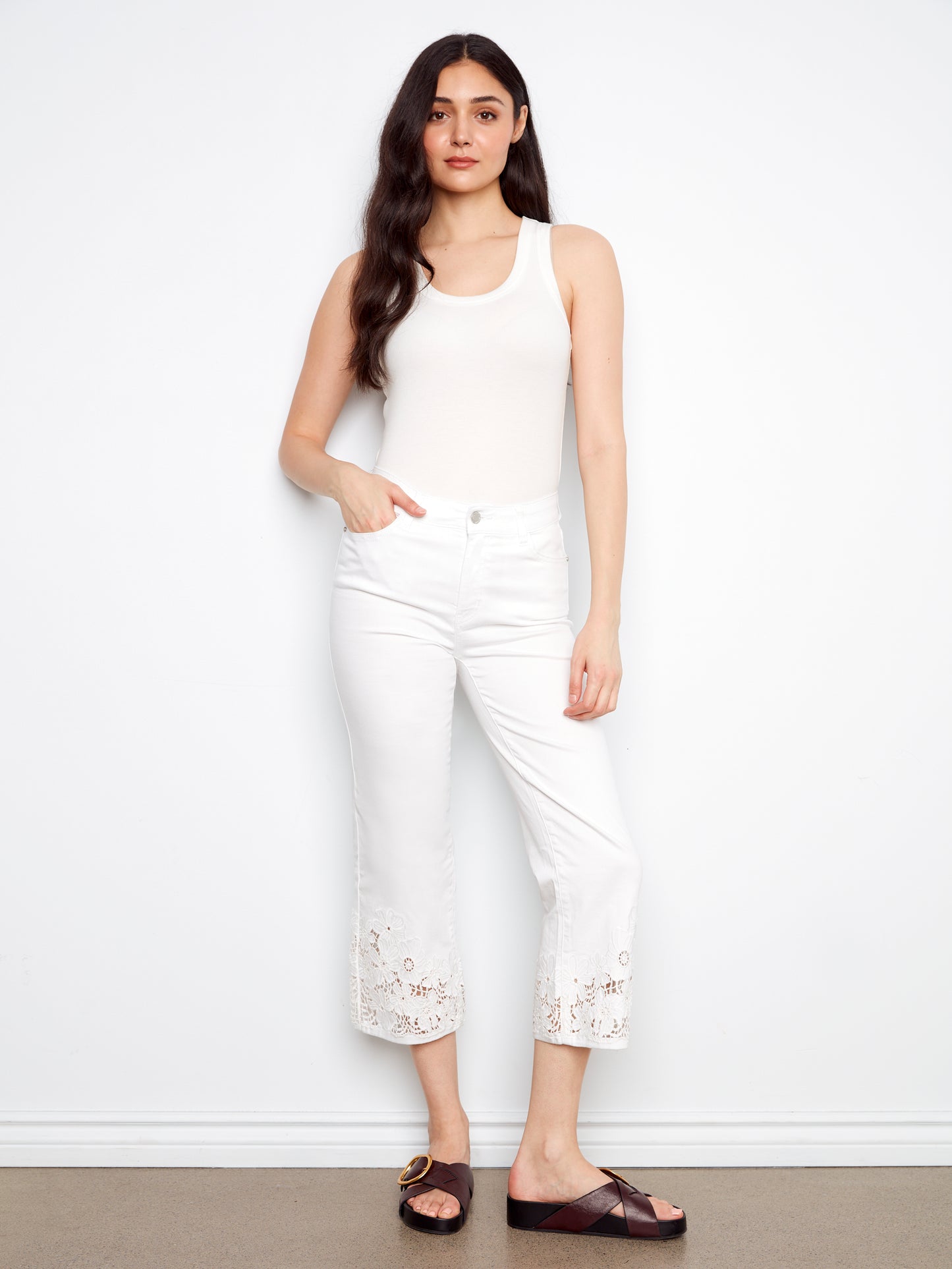 Charlie B-C5786-002-Cropped Flare Leg Jeans W/Laser Cut Lace Hem-White - The Coach Pyramids
