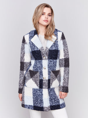 Charlie B Fall 2024-C6141Y-P117-Boucle Knit Plaid Coat-Navy