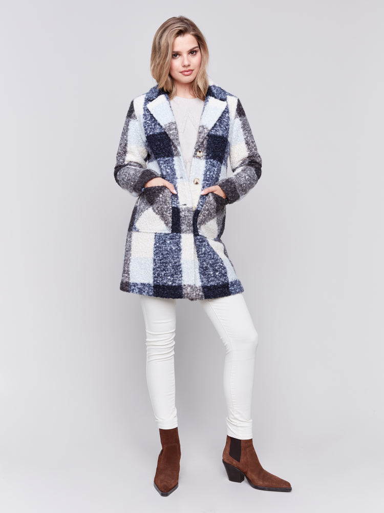 Charlie B Fall 2024-C6141Y-P117-Boucle Knit Plaid Coat-Navy