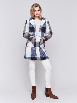 Charlie B Fall 2024-C6141Y-P117-Boucle Knit Plaid Coat-Navy