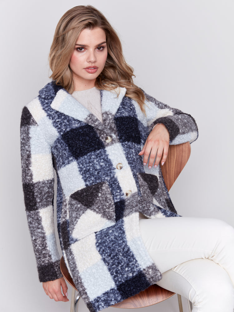 Charlie B Fall 2024-C6141Y-P117-Boucle Knit Plaid Coat-Navy