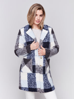 Charlie B Fall 2024-C6141Y-P117-Boucle Knit Plaid Coat-Navy