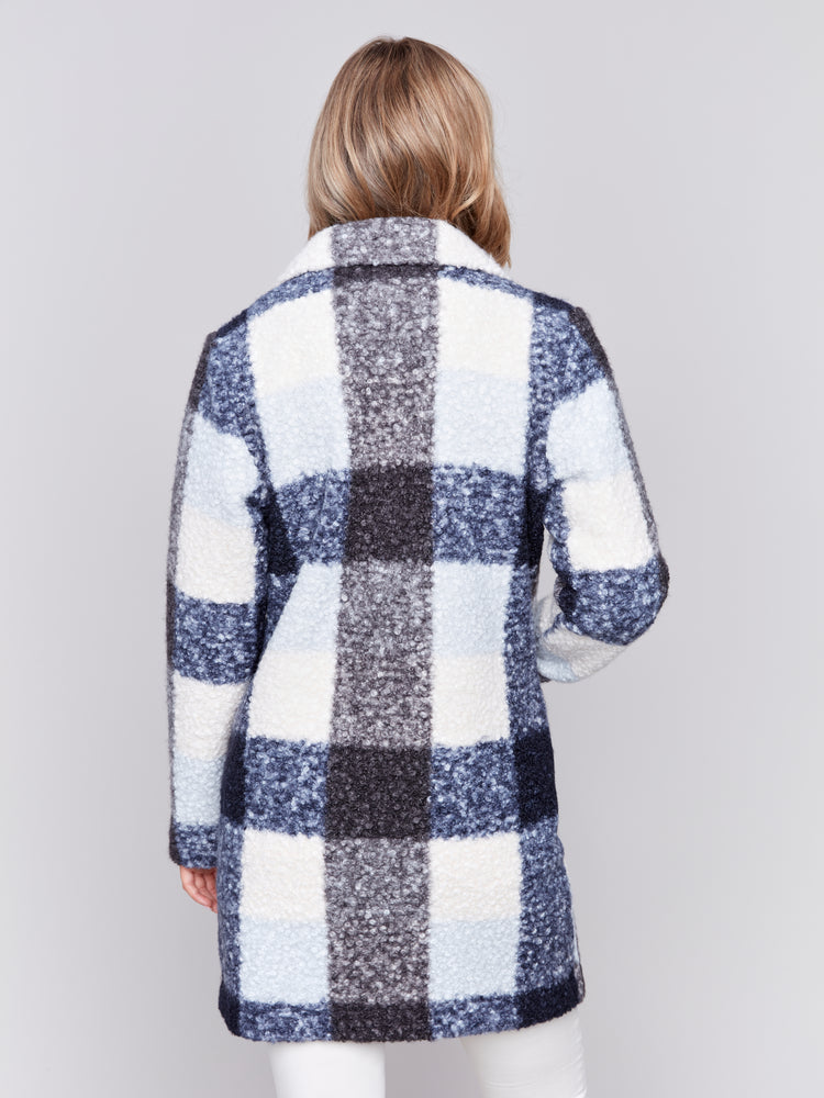 Charlie B Fall 2024-C6141Y-P117-Boucle Knit Plaid Coat-Navy