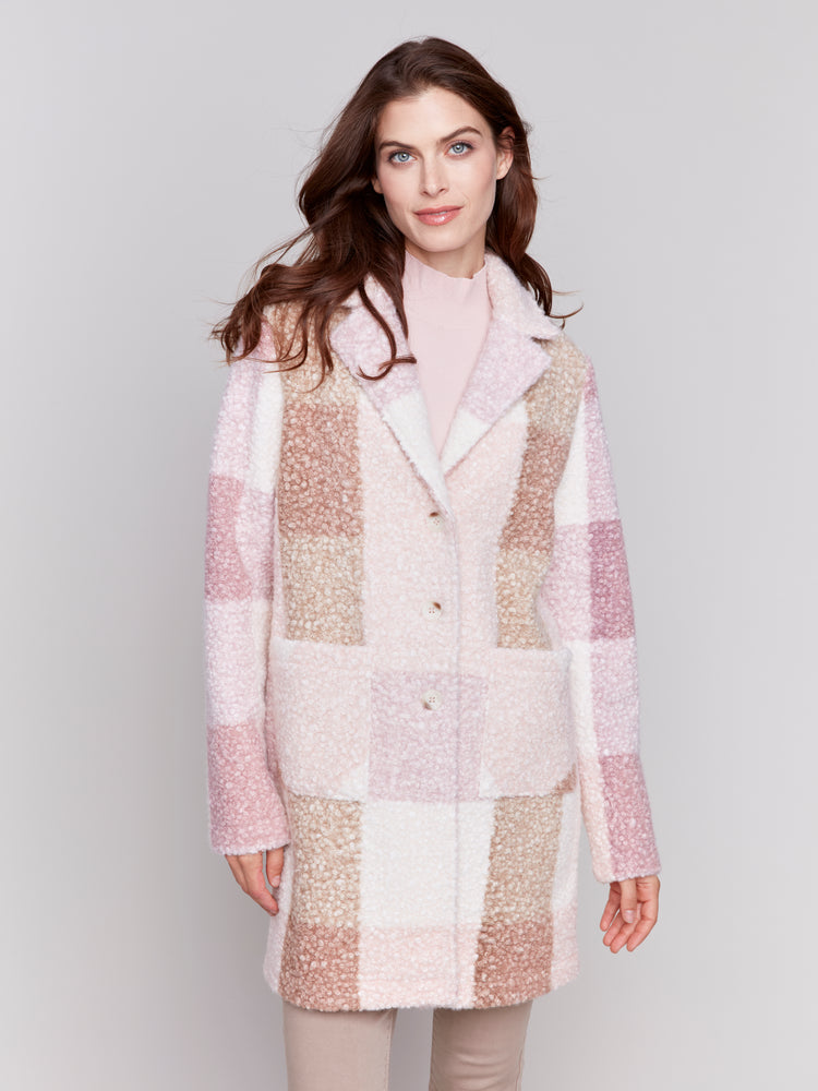 Charlie B Fall 2024-C6141Y-P407-Boucle Knit Plaid Coat-Wood Rose