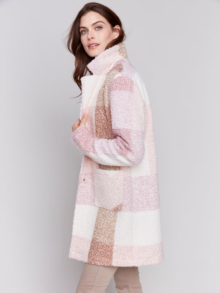 Charlie B Fall 2024-C6141Y-P407-Boucle Knit Plaid Coat-Wood Rose