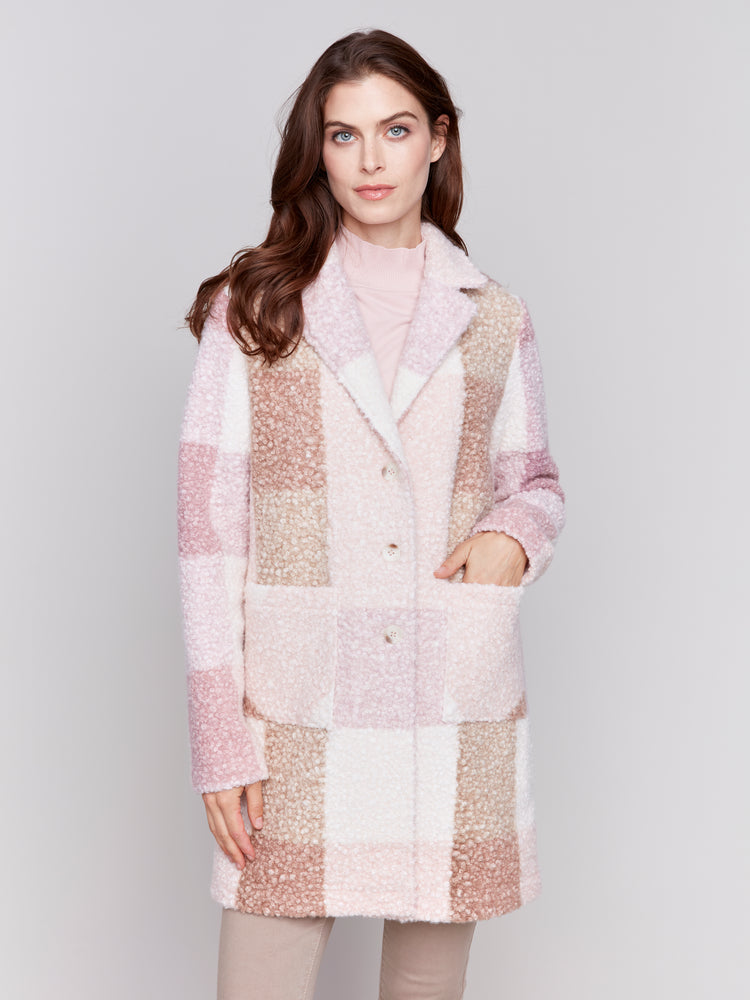 Charlie B Fall 2024-C6141Y-P407-Boucle Knit Plaid Coat-Wood Rose