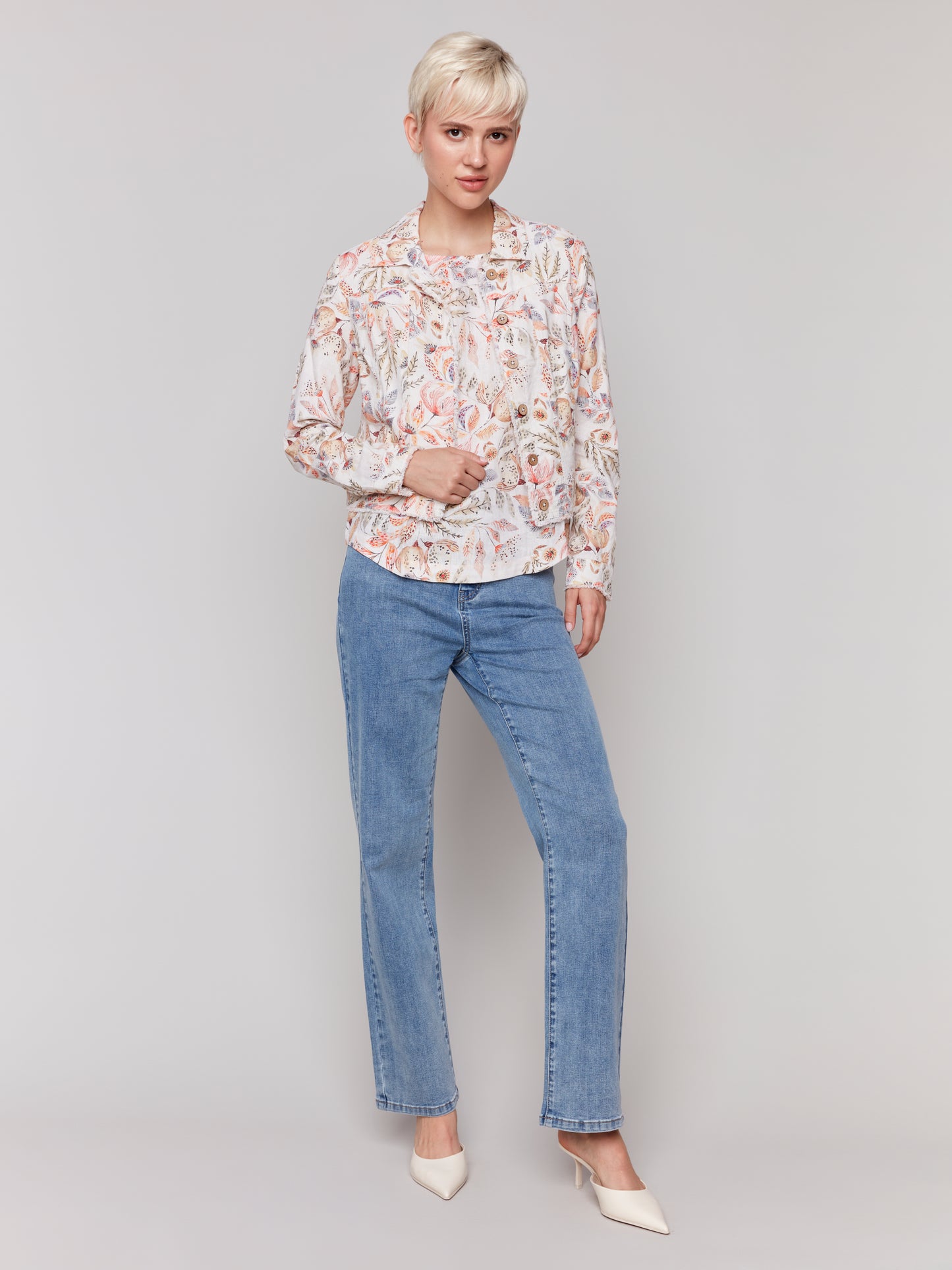 Charlie B Spring/Summer 2025-C6199YP-P315-Printed Long Sleeve Button Front Jacket-Tropical - The Coach Pyramids