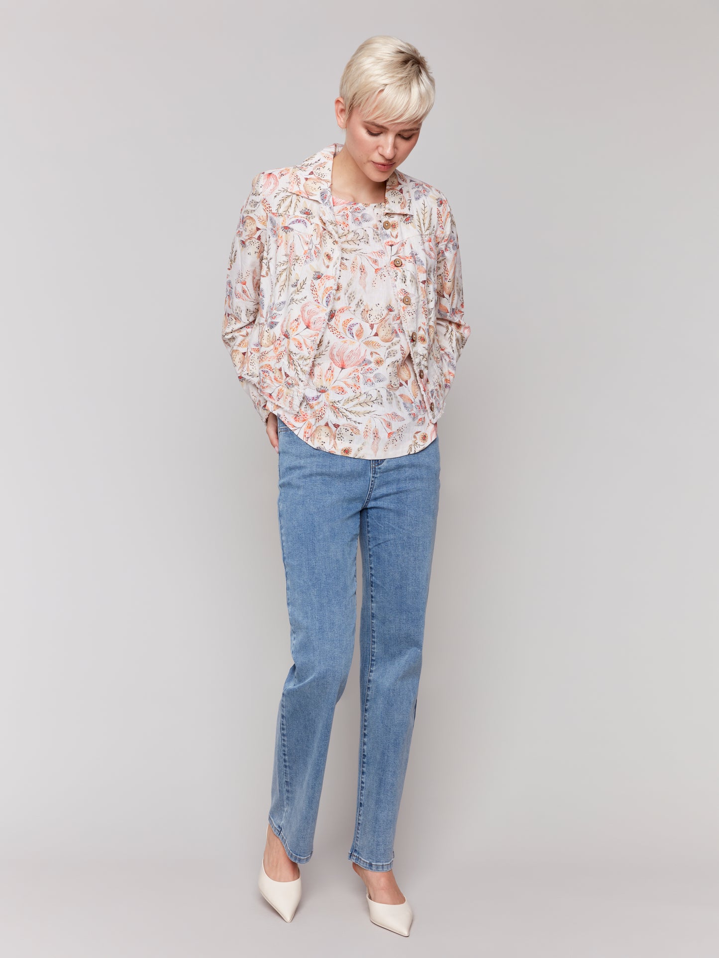 Charlie B Spring/Summer 2025-C6199YP-P315-Printed Long Sleeve Button Front Jacket-Tropical - The Coach Pyramids