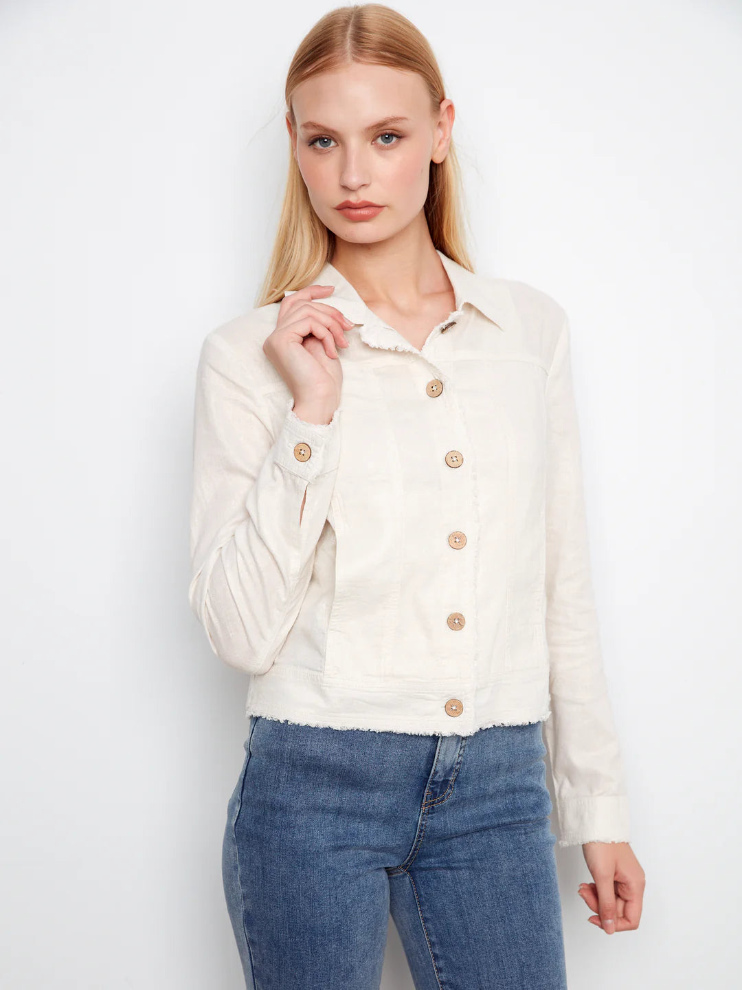 Charlie B-C6199YY-249-Foil Print Linen Jacket-Champagne - The Coach Pyramids