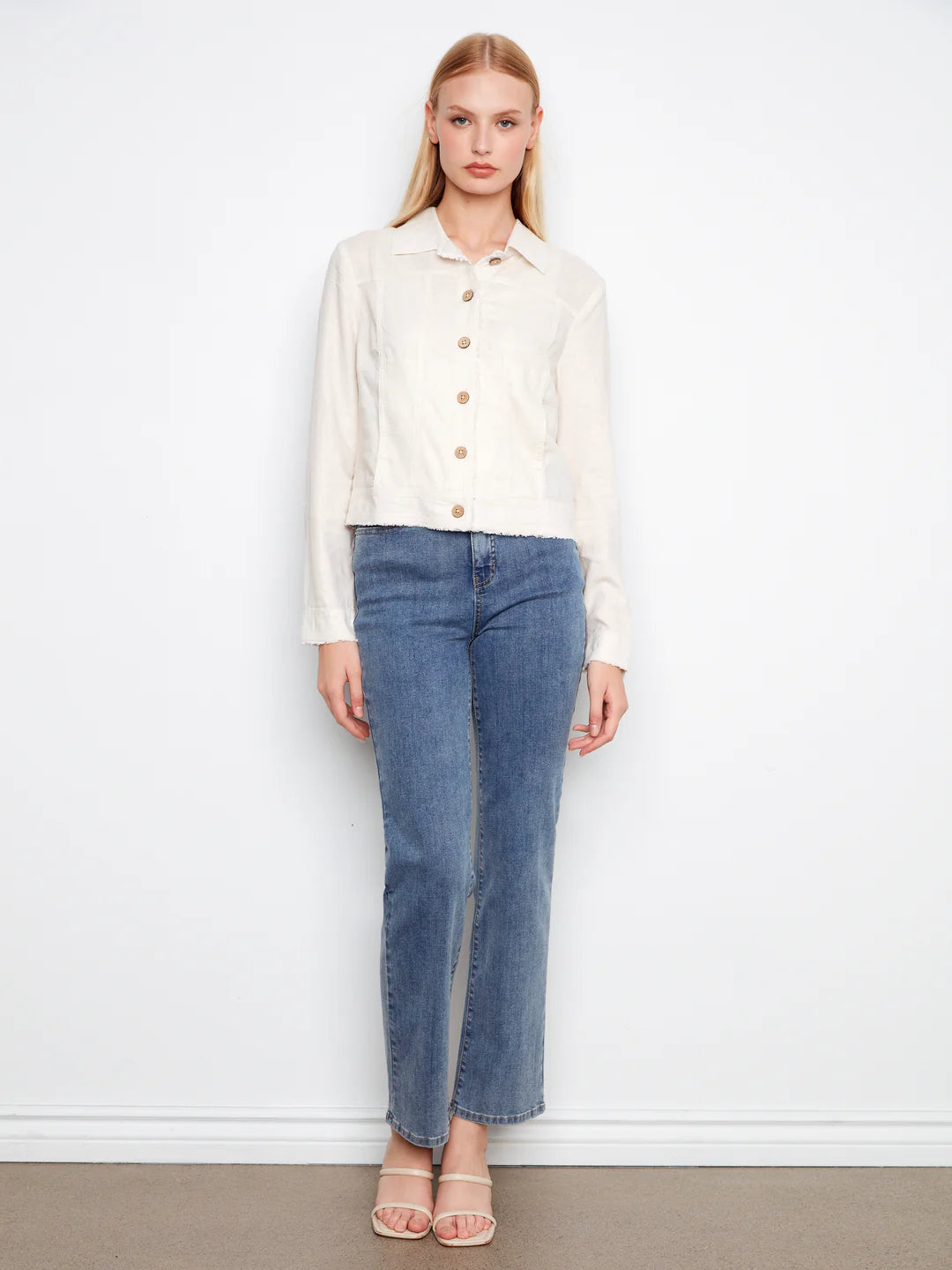 Charlie B-C6199YY-249-Foil Print Linen Jacket-Champagne - The Coach Pyramids