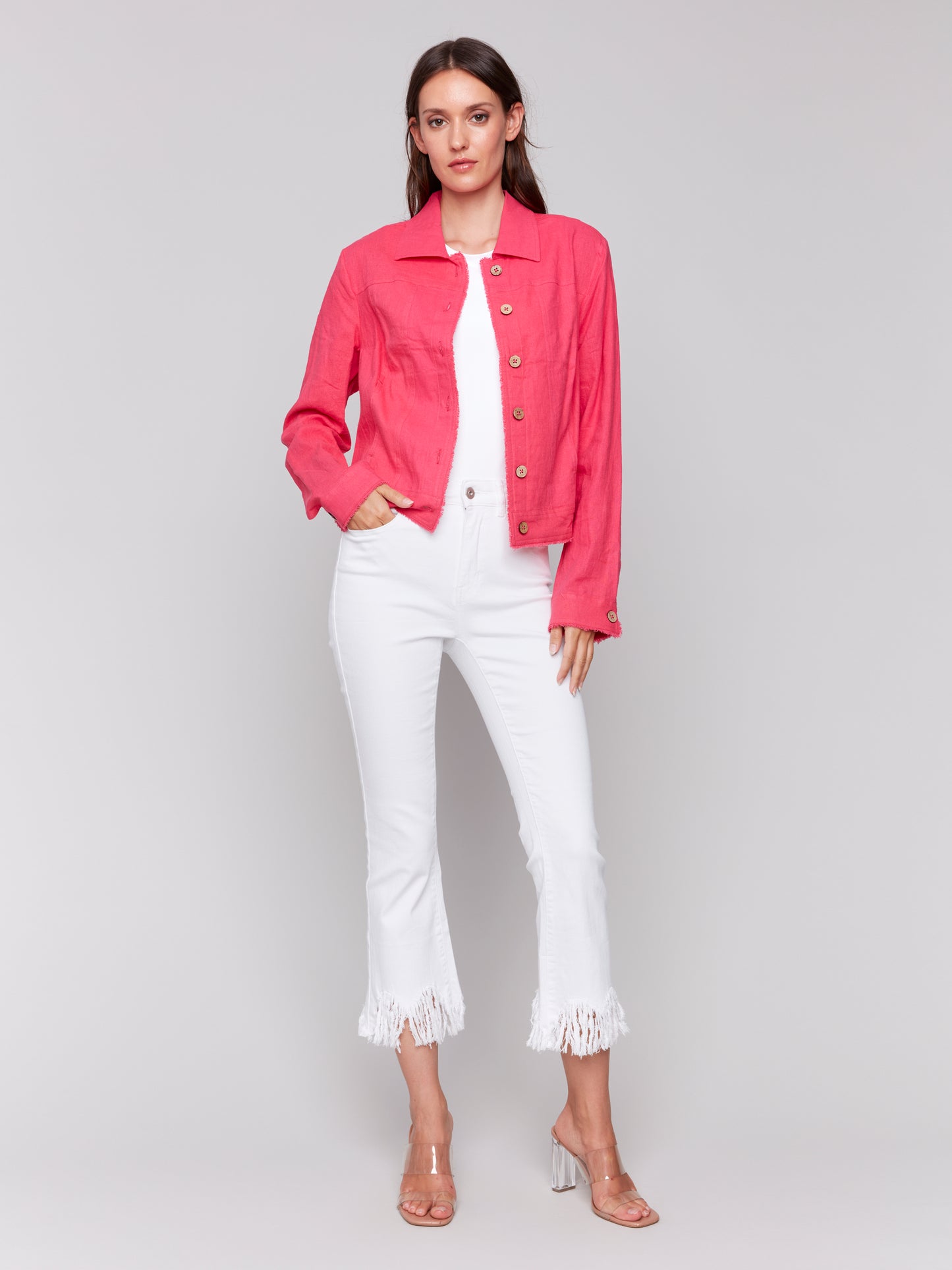 Charlie B Spring/Summer 2025-C6199Y-693-Solid Long Sleeve Button Front Jacket-Paradise - The Coach Pyramids