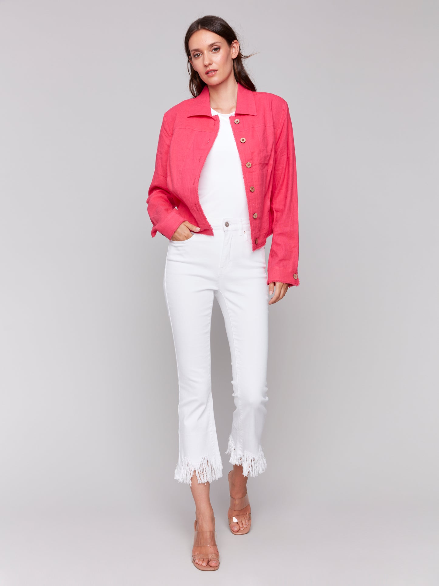 Charlie B Spring/Summer 2025-C6199Y-693-Solid Long Sleeve Button Front Jacket-Paradise - The Coach Pyramids