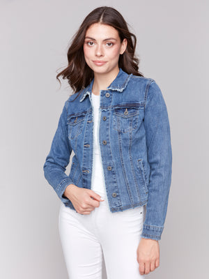 Charlie B Spring/Summer 2025-C6233X-156-Jean Jacket W/Frayed Edges-Medium Blue