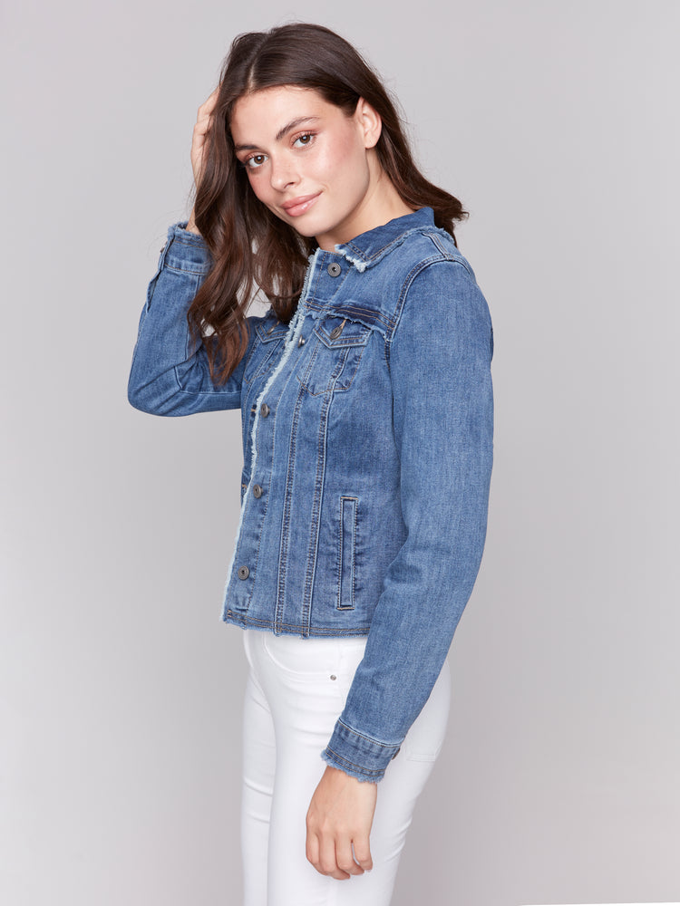 Charlie B Spring/Summer 2025-C6233X-156-Jean Jacket W/Frayed Edges-Medium Blue