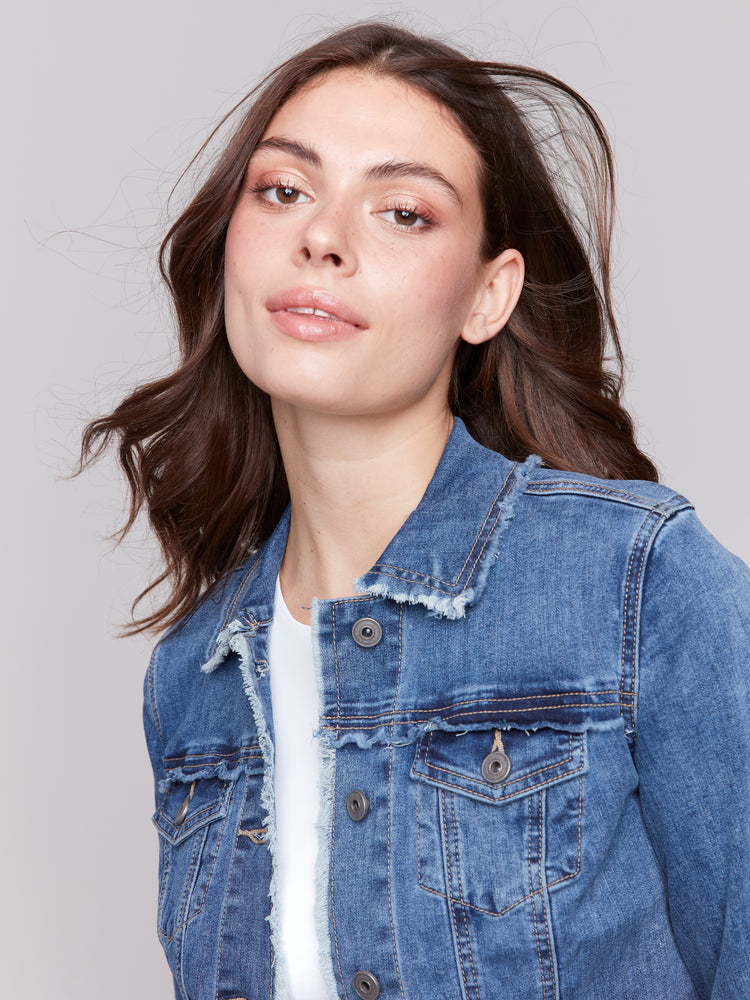 Charlie B Spring/Summer 2025-C6233X-156-Jean Jacket W/Frayed Edges-Medium Blue