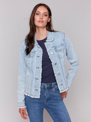 Charlie B Spring/Summer 2025-C6233X-243-Jean Jacket W/Frayed Edges-Bleach Blue