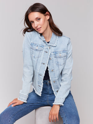 Charlie B Spring/Summer 2025-C6233X-243-Jean Jacket W/Frayed Edges-Bleach Blue