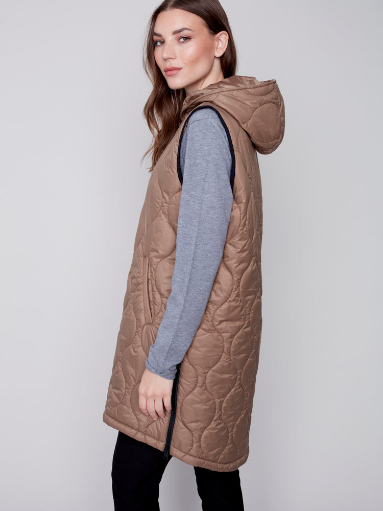 Charlie B Fall 2023-C6268-388B- Long Puffer Vest-Truffle - The Coach Pyramids