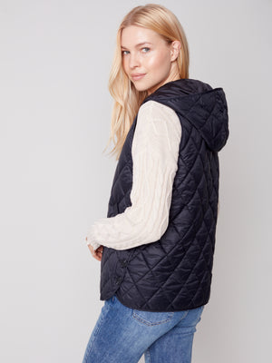 Charlie B Fall 2023-C6269-388B- Hooded Puffer Vest-Black - The Coach Pyramids