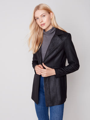 Charlie B Fall 2023-C6270-869A-Suede Long Jacket-Black - The Coach Pyramids