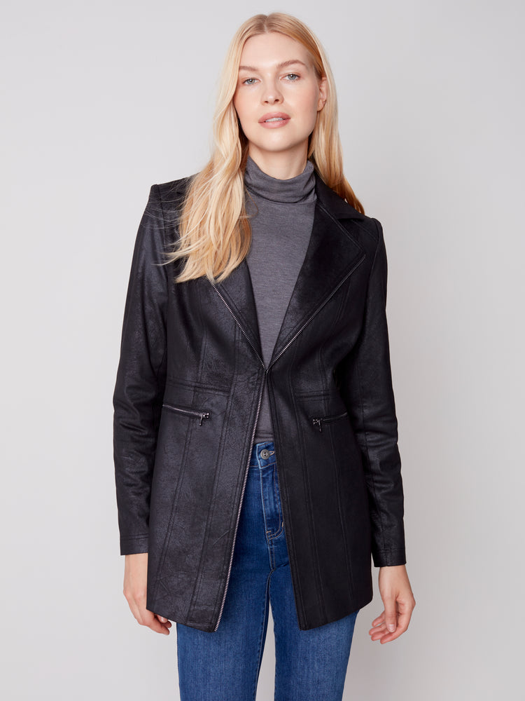 Charlie B Fall 2023-C6270-869A-Suede Long Jacket-Black - The Coach Pyramids