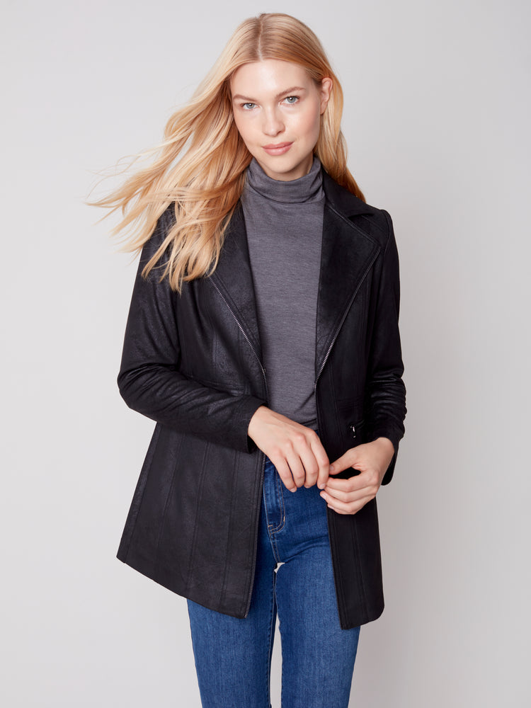 Charlie B Fall 2023-C6270-869A-Suede Long Jacket-Black - The Coach Pyramids